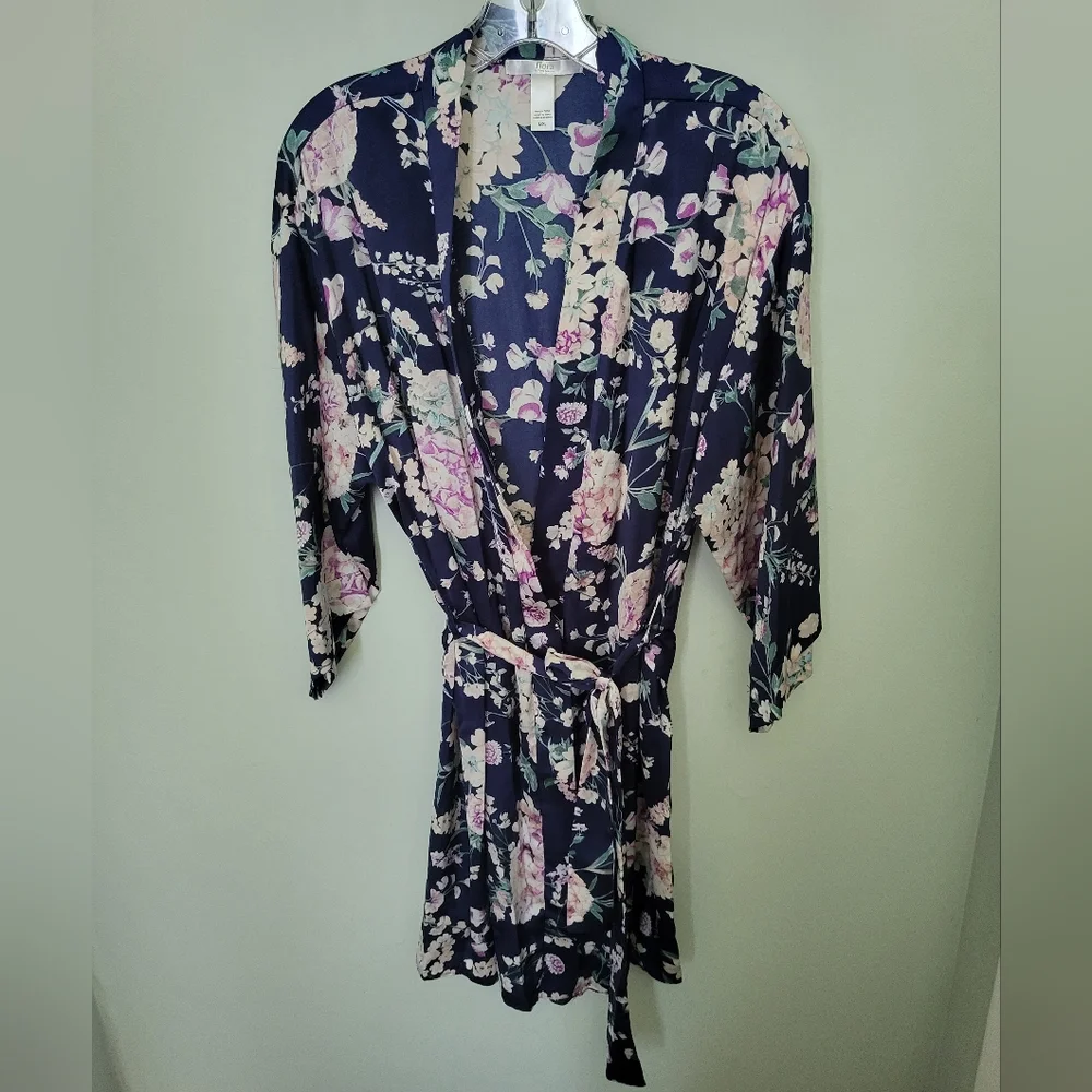 Flora‎ by Flora Nikrooz Maria Satin Robe Floral Blue Multicolored Size L/XL